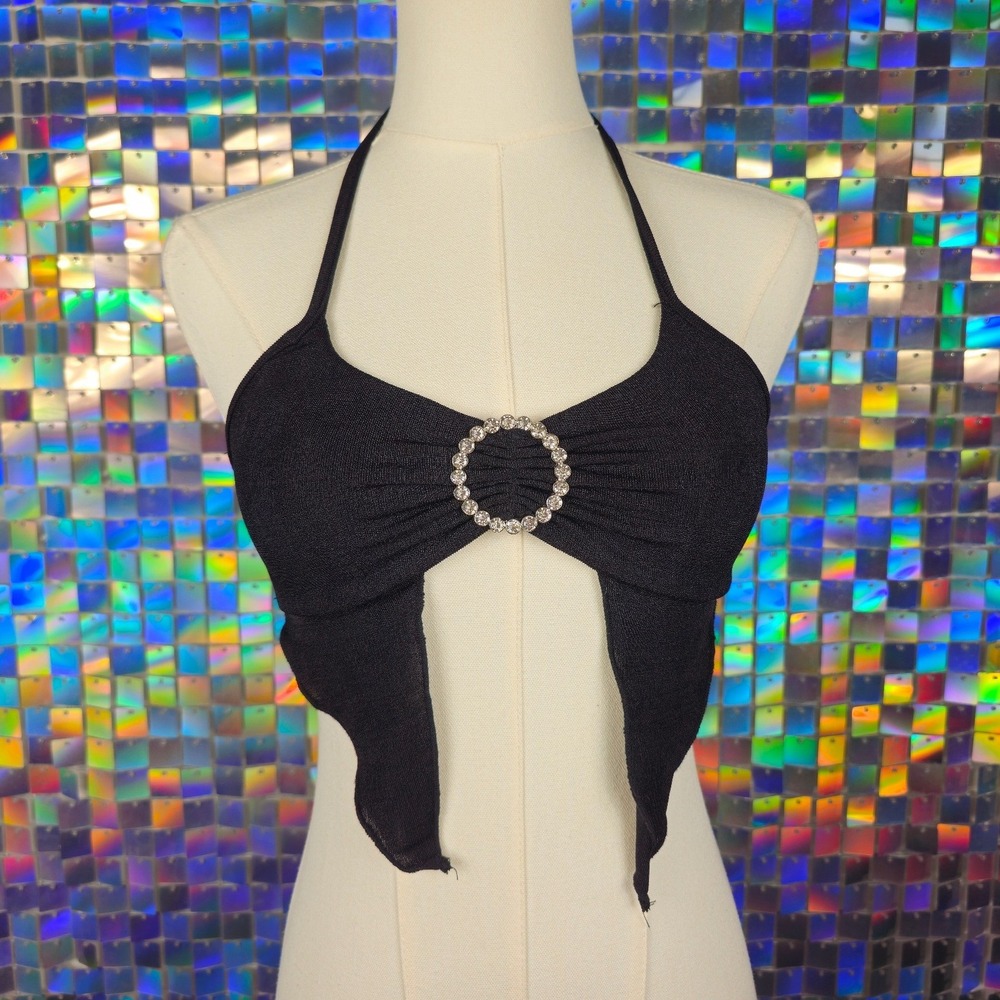 SHEIN Halter Crop Top Women XS Black Excellent Rhinestone Ring Split Hem Y2K